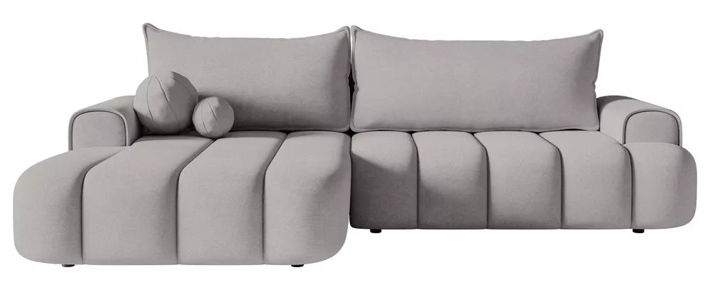 Kampinė sofa Dandelino su miegojimo funkcija, L formos, kairinė, su talpykla, pilko veliūro