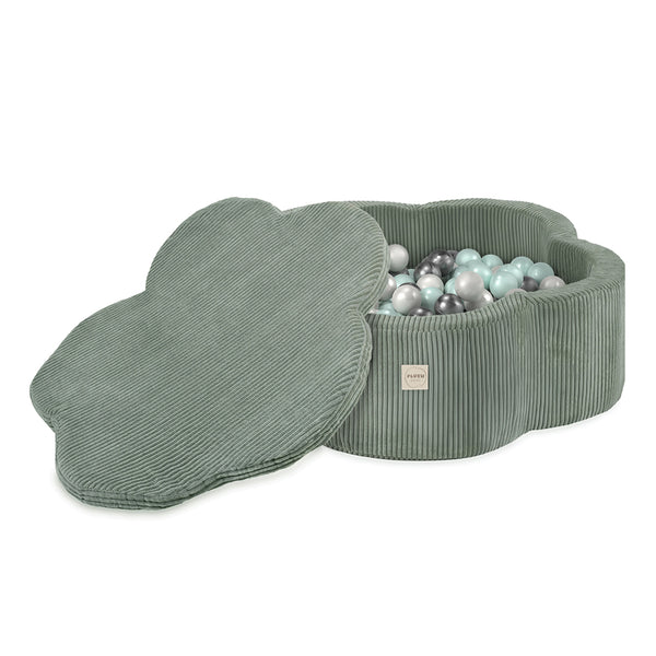 Kamuoliukų baseinas Plush Nest 95×30 cm, žalia, premium velvetas, su kilimėliu, 300 kamuoliukų