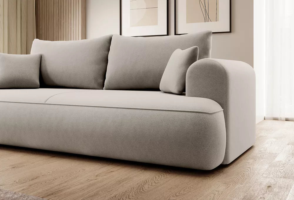 Trijų vietų išlankstoma sofa Ovo su talpykla, kreminis veliūras, lengvai valomas audinys