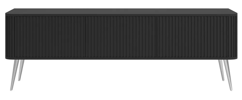 TV spintelė Ovarlo su grioveliais, 3 durų, 163 cm, juoda su sidabro spalvos kojelėmis