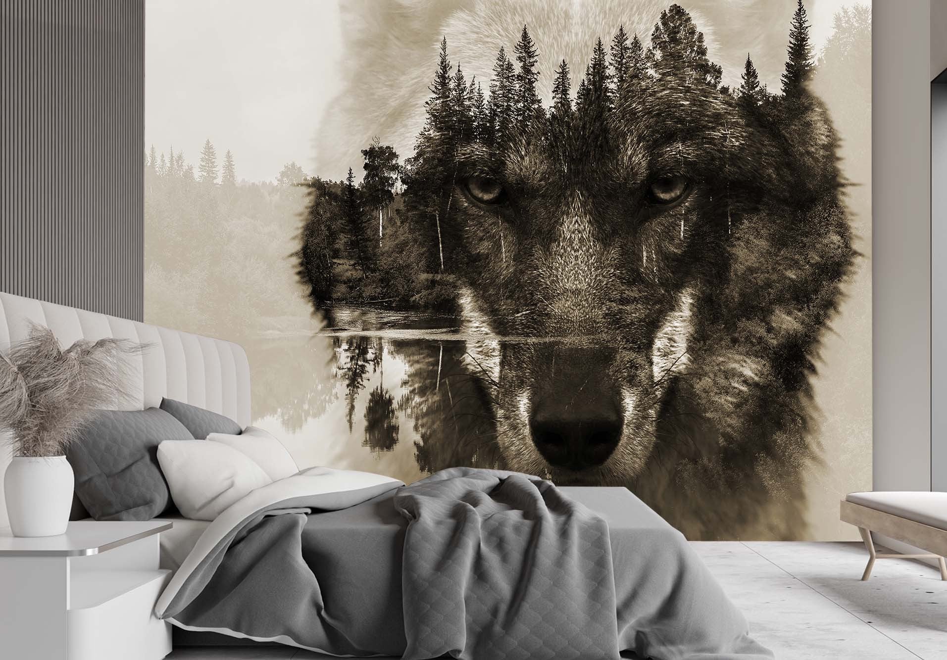Fototapetai, Vilko gyvūnas miške rūke