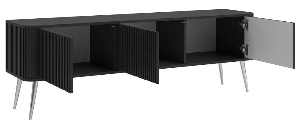 TV spintelė Ovarlo su grioveliais, 3 durų, 163 cm, juoda su sidabro spalvos kojelėmis