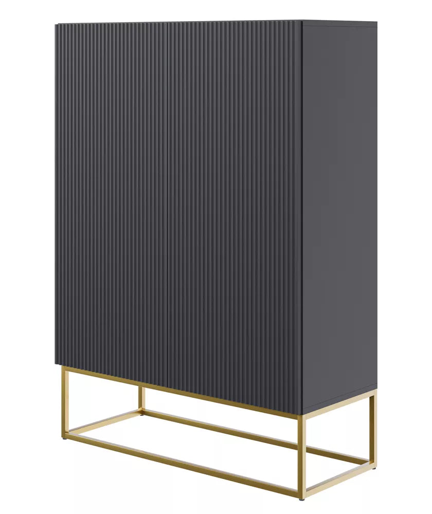 Veldio dviejų durų komoda su frezuotu fasadu 90 cm, juoda su auksinėmis kojelėmis