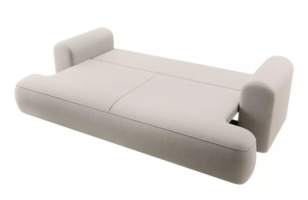 Trijų vietų išlankstoma sofa Ovo su talpykla, kreminis veliūras, lengvai valomas audinys