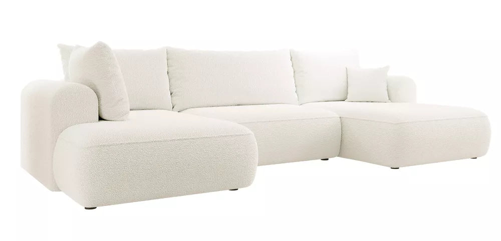 Kampinė sofa Ovo U formos su miegojimo funkcija ir talpykla, kreminis boucle, kairinė