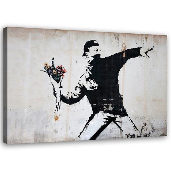 Paveikslas Ant Drobės, Banksy Hooligan, metantis gėlių puokštę