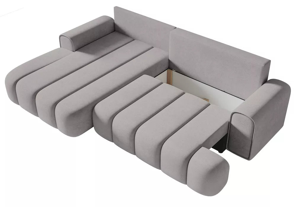 Kampinė sofa Dandelino su miegojimo funkcija, L formos, kairinė, su talpykla, pilko veliūro
