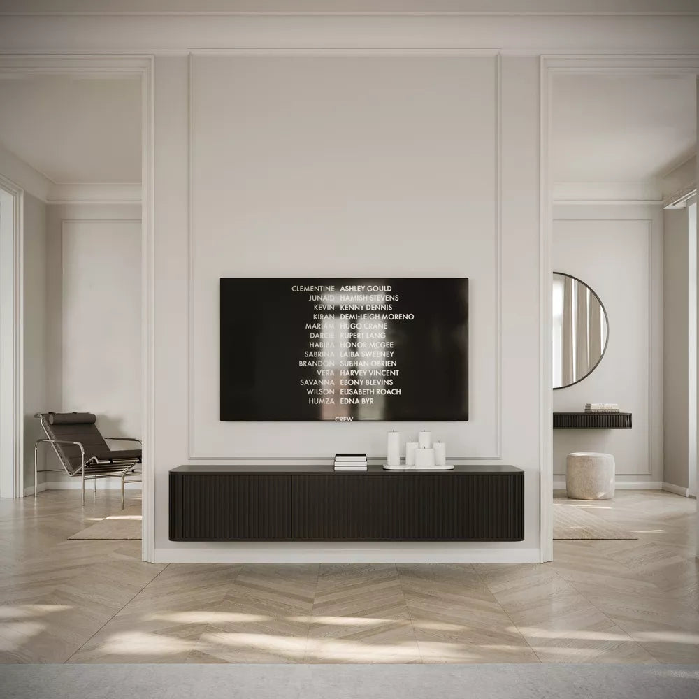 Pakabinama TV spintelė Ovarlo su grioveliais, trijų durų, 163 cm, juoda