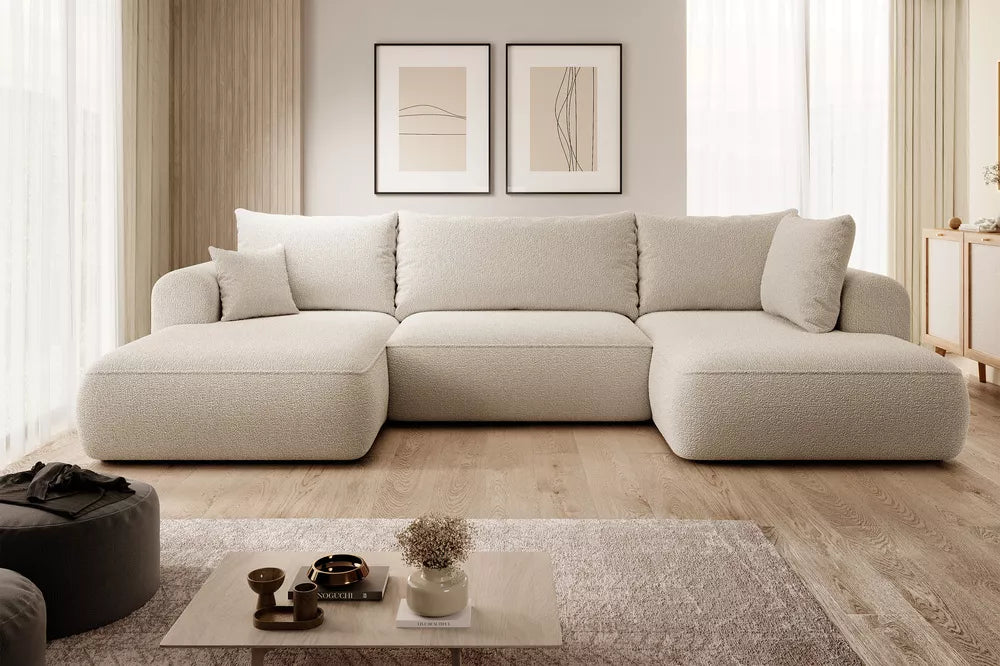 Kampinė sofa Ovo su miegojimo funkcija, U formos, su talpykla, smėlio spalvos boucle, dešininė