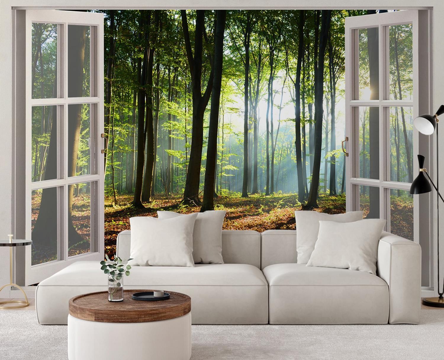 Fototapetai, Langas su vaizdu į rytą miške