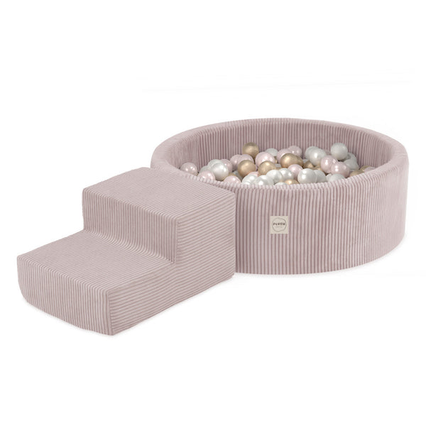 Kamuoliukų baseinas Plush Nest, šviesiai rožinė, premium velvetas, laiptelis, 200 kamuoliukų