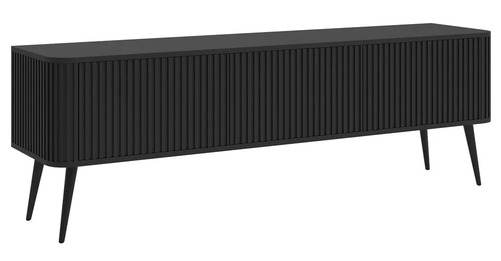 TV spintelė Ovarlo su grioveliais, trijų durų, 163 cm, juoda su juodomis kojelėmis