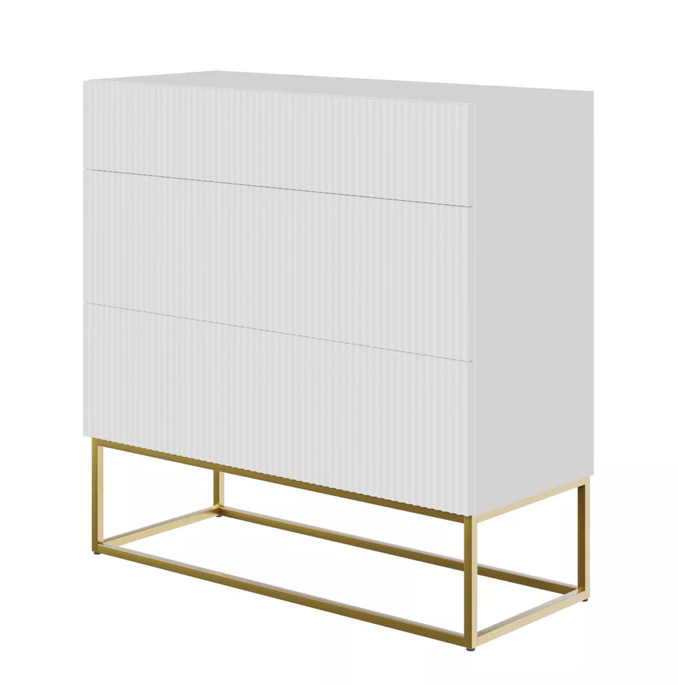 Komoda Veldio su frezuotu priekiu ir trimis stalčiais 90 cm Balta su auksinėmis kojomis