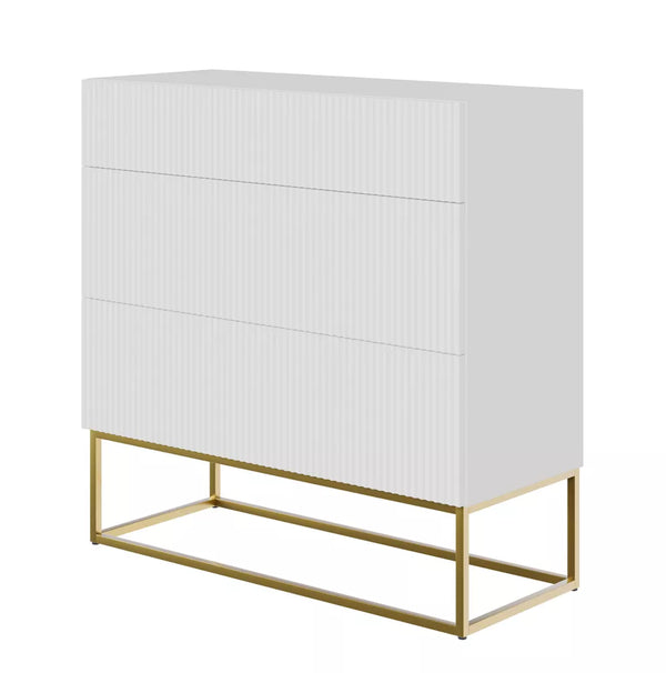 Komoda Veldio su frezuotu priekiu ir trimis stalčiais 90 cm Balta su auksinėmis kojomis