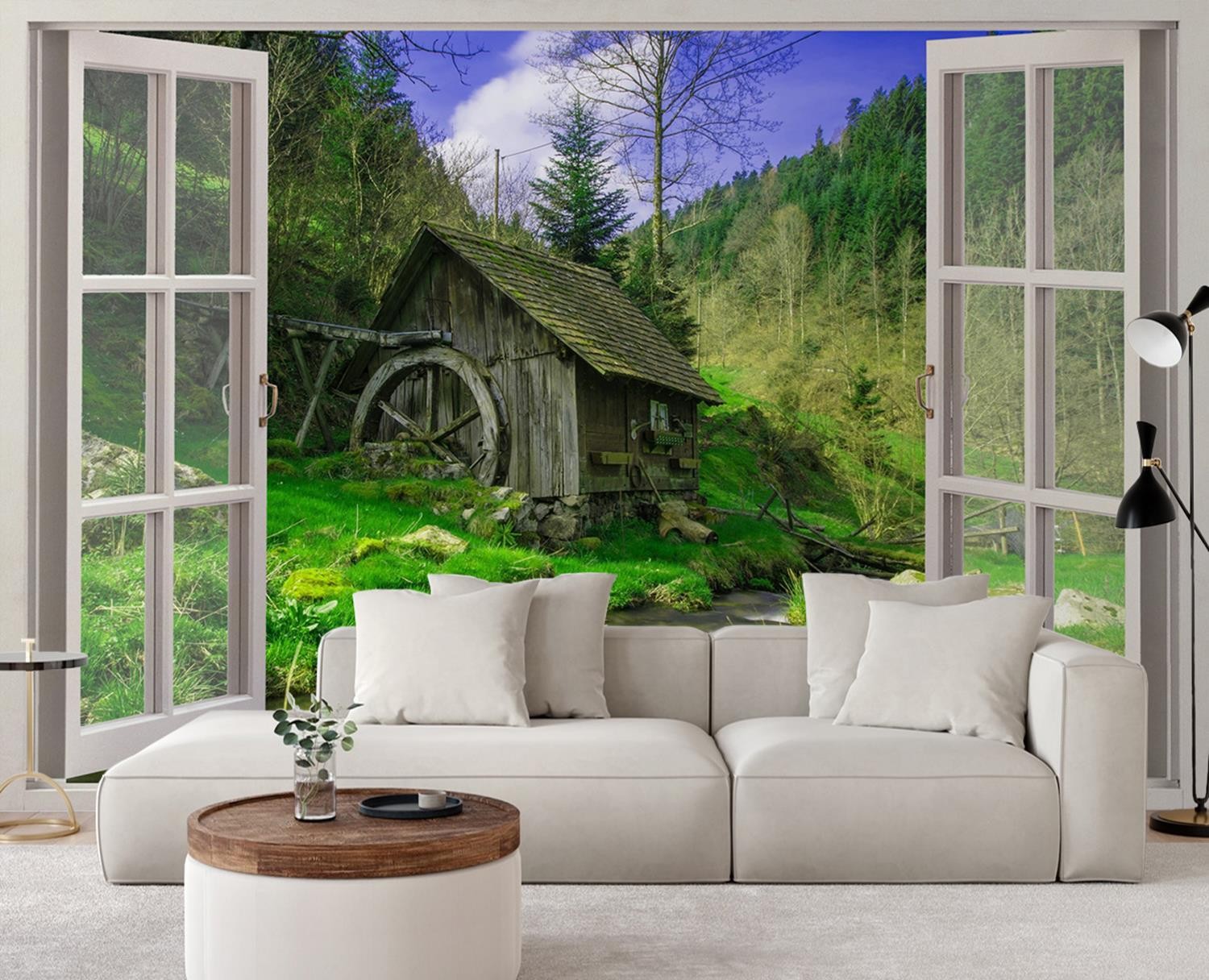Fototapetai, Langas - vaizdas į namelį miške