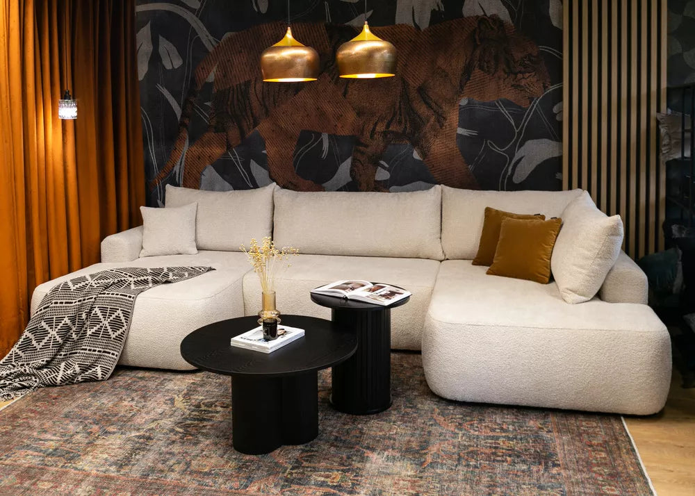 Kampinė sofa Ovo su miegojimo funkcija, U formos, su talpykla, smėlio spalvos boucle, dešininė