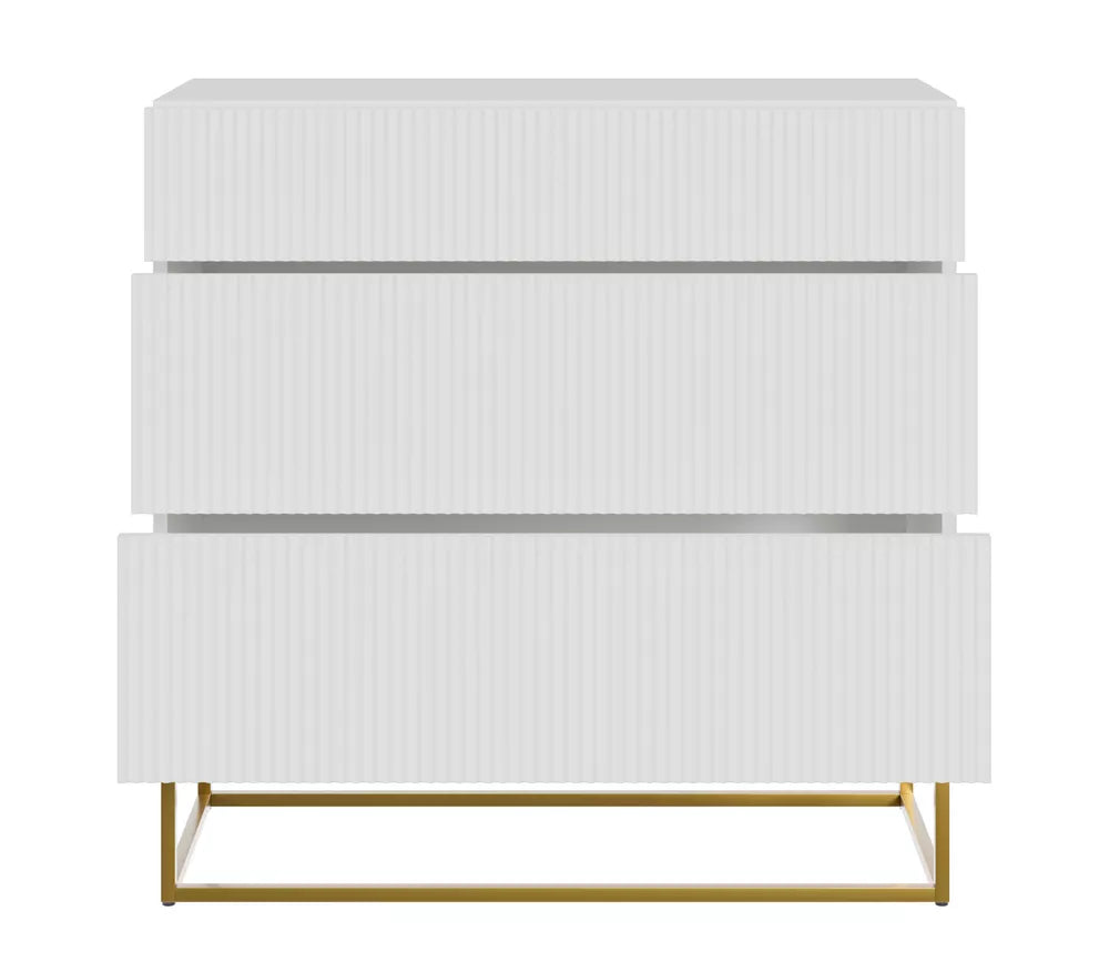 Komoda Veldio su frezuotu priekiu ir trimis stalčiais 90 cm Balta su auksinėmis kojomis