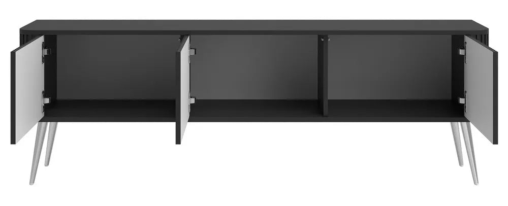 TV spintelė Ovarlo su grioveliais, 3 durų, 163 cm, juoda su sidabro spalvos kojelėmis