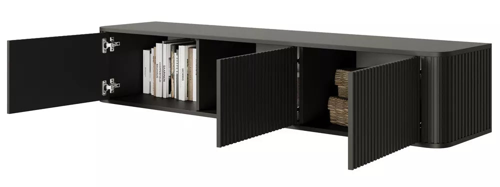 Pakabinama TV spintelė Ovarlo su grioveliais, trijų durų, 163 cm, juoda