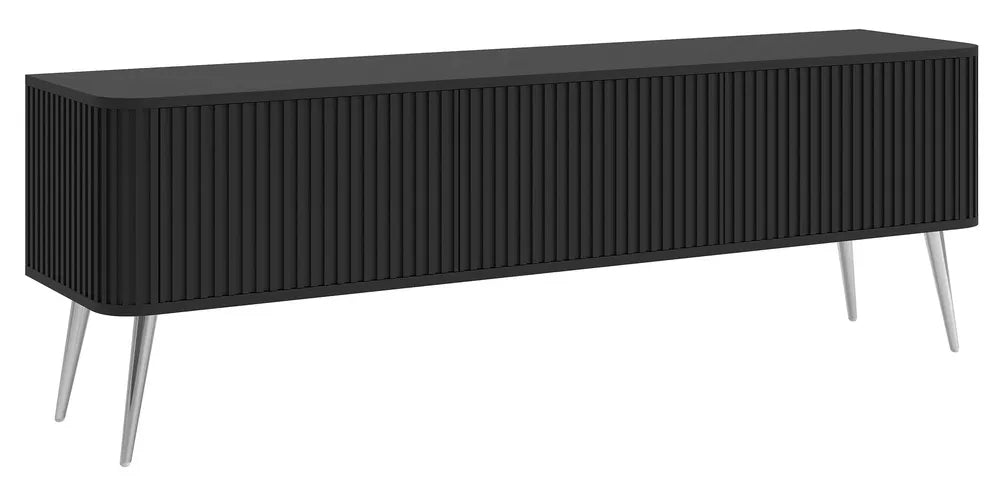 TV spintelė Ovarlo su grioveliais, 3 durų, 163 cm, juoda su sidabro spalvos kojelėmis