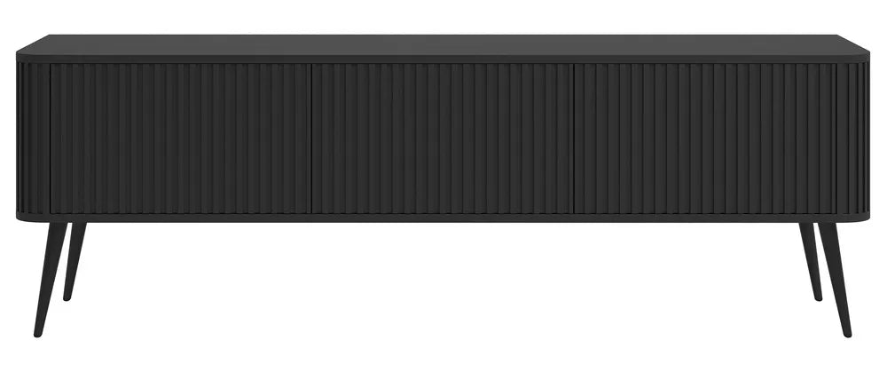 TV spintelė Ovarlo su grioveliais, trijų durų, 163 cm, juoda su juodomis kojelėmis