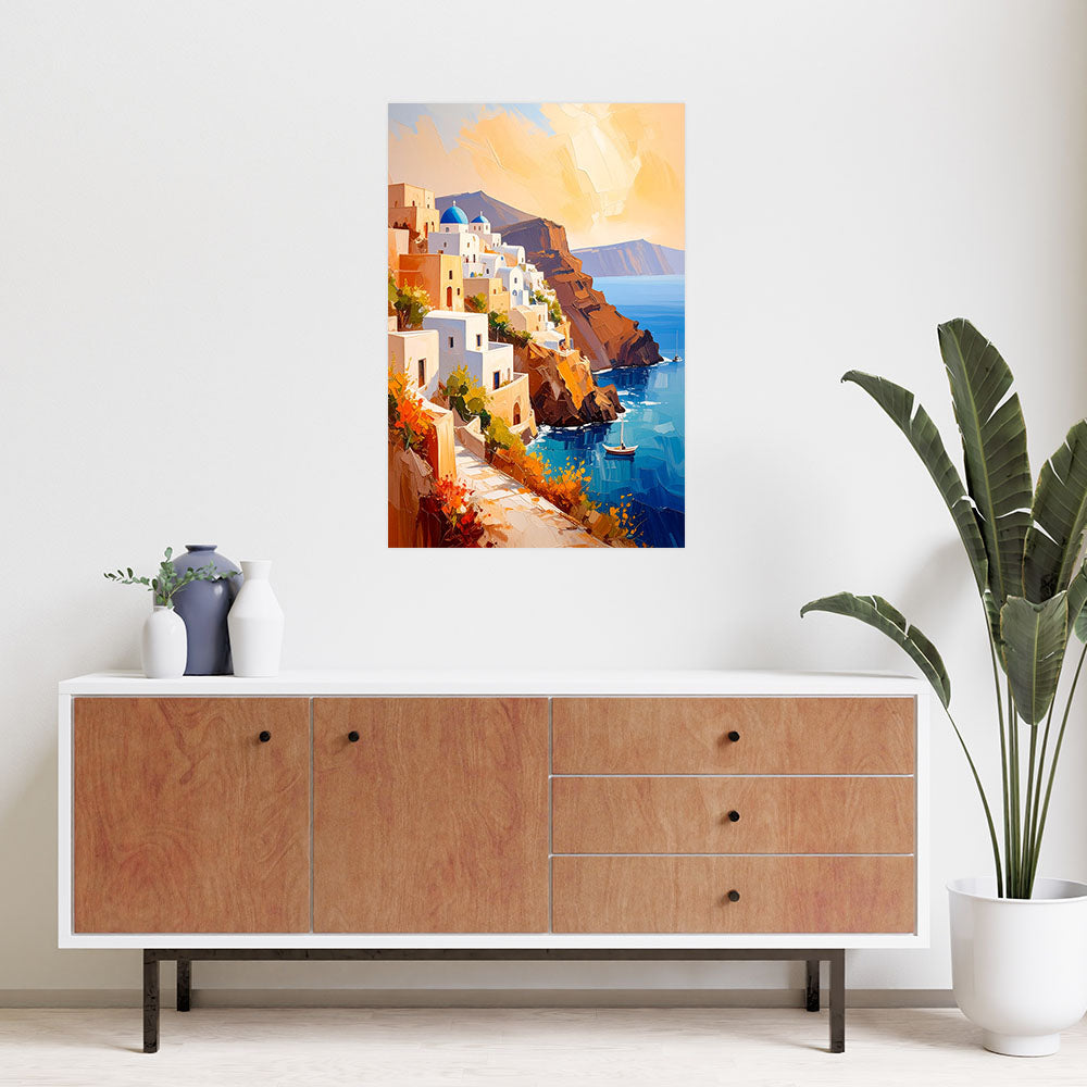Klijuojamas plakatas, Santorini salos Graikijos peizažas