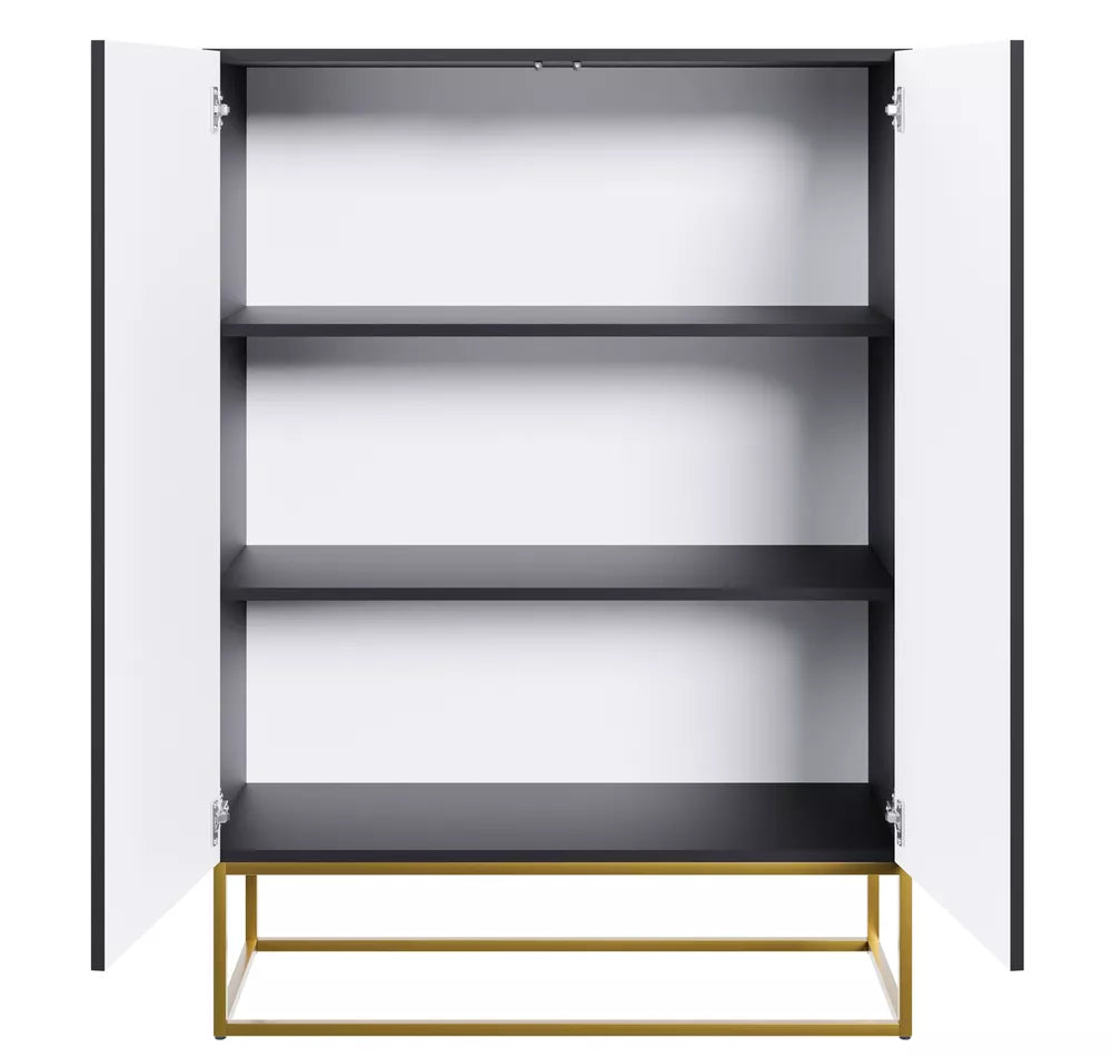 Veldio dviejų durų komoda su frezuotu fasadu 90 cm, juoda su auksinėmis kojelėmis