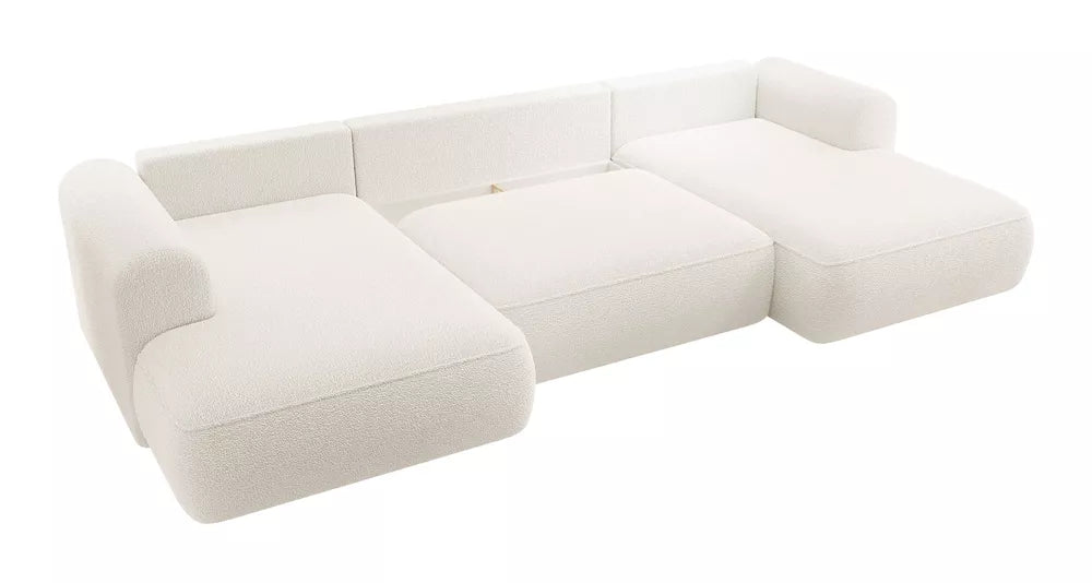 Kampinė sofa Ovo U formos su miegojimo funkcija ir talpykla, kreminis boucle, kairinė