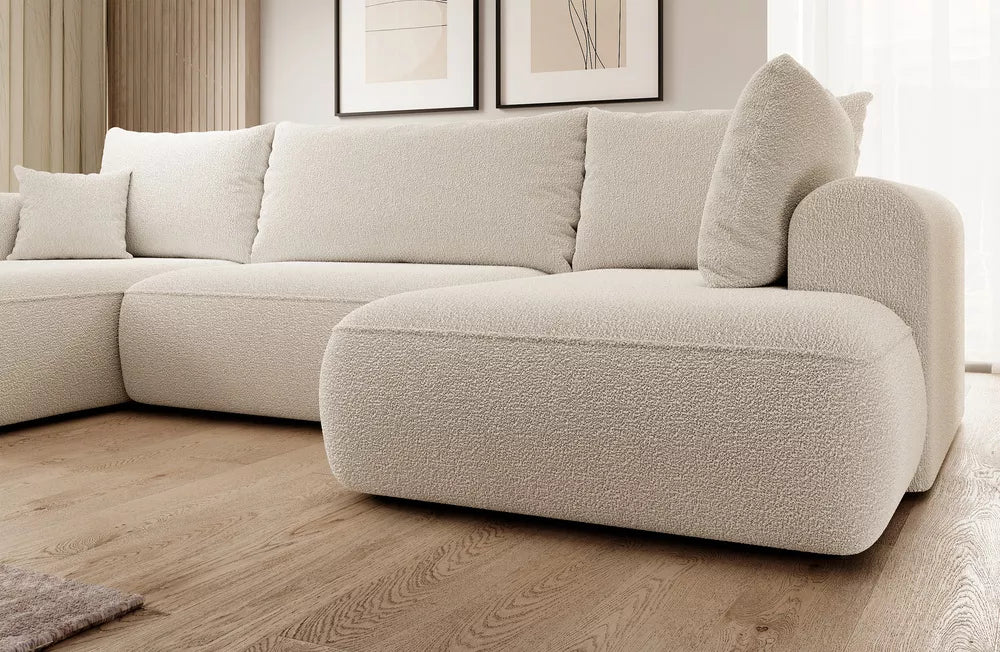 Kampinė sofa Ovo su miegojimo funkcija, U formos, su talpykla, smėlio spalvos boucle, dešininė