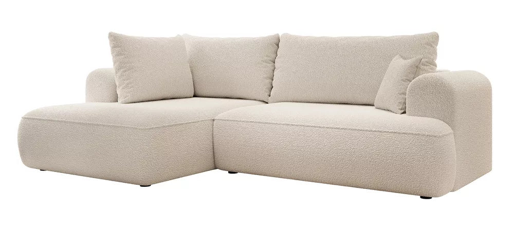 Kampas su miegojimo funkcija Ovo L formos su atlošu ir talpykla, smėlio spalvos boucle, kairinis