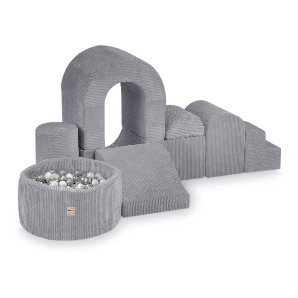 Žaidimų pilis Plush Nest, pilka, velvetas, 150 kamuoliukų