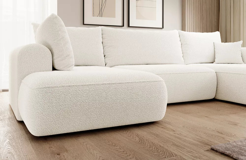 Kampinė sofa Ovo U formos su miegojimo funkcija ir talpykla, kreminis boucle, kairinė