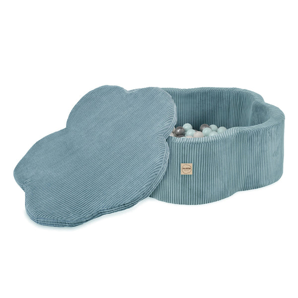 Kamuoliukų baseinas Plush Nest 95×30 cm, mėlyna, premium velvetas, su kilimėliu, 200 kamuoliukų