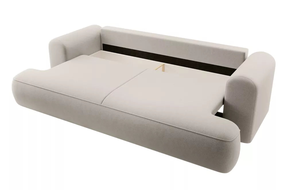 Trijų vietų išlankstoma sofa Ovo su talpykla, kreminis veliūras, lengvai valomas audinys