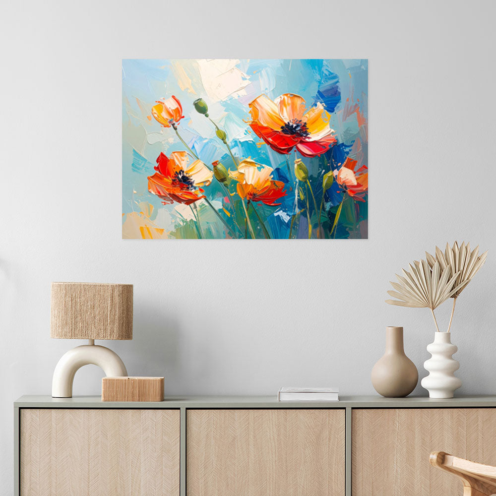 Klijuojamas plakatas, „Red Poppies Flowers“ imitaciniai aliejiniai dažai