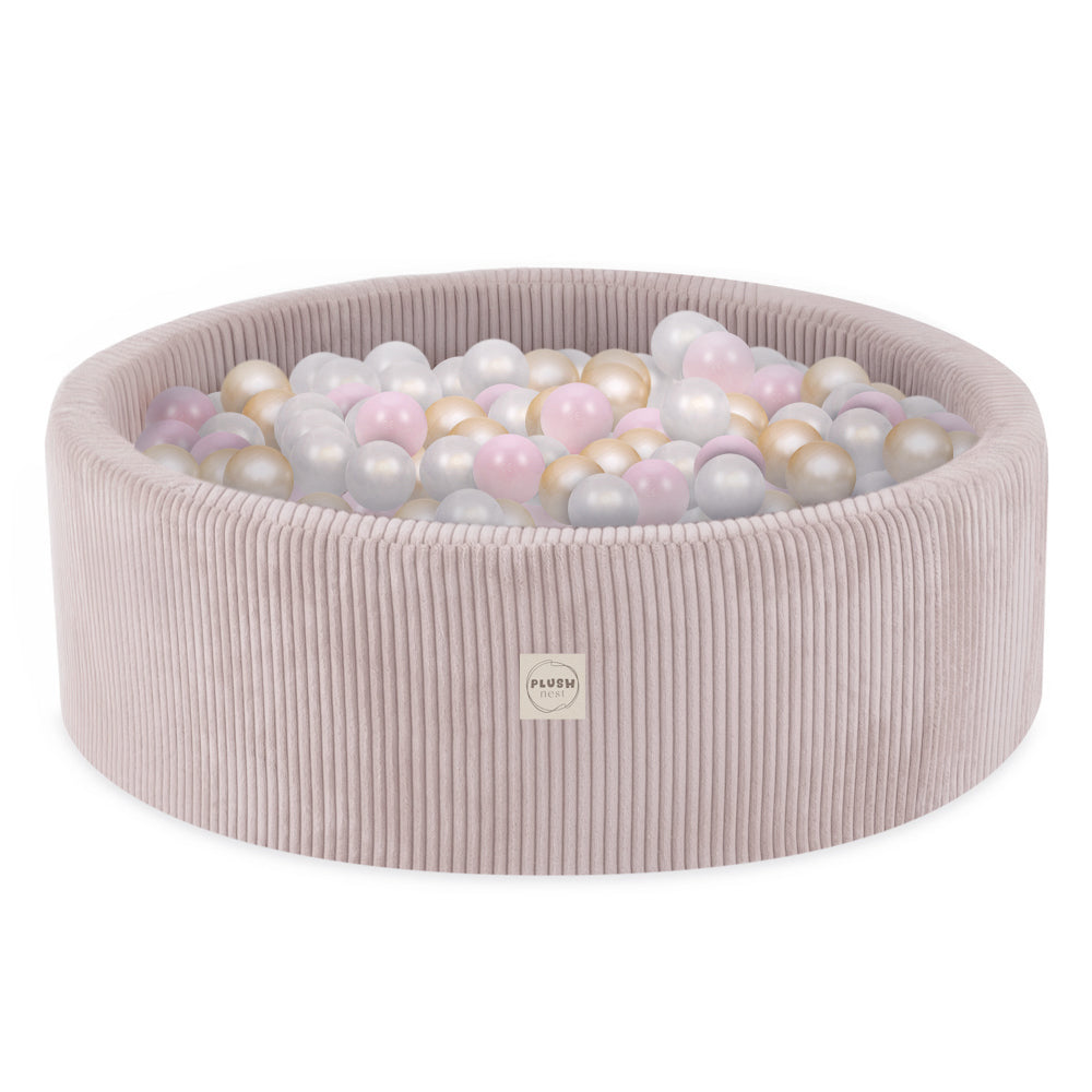 Kamuoliukų baseinas Plush Nest 90×30 cm, šviesiai rožinė, premium velvetas, 200 kamuoliukų