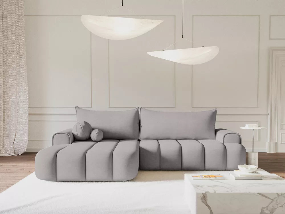 Kampinė sofa Dandelino su miegojimo funkcija, L formos, kairinė, su talpykla, pilko veliūro