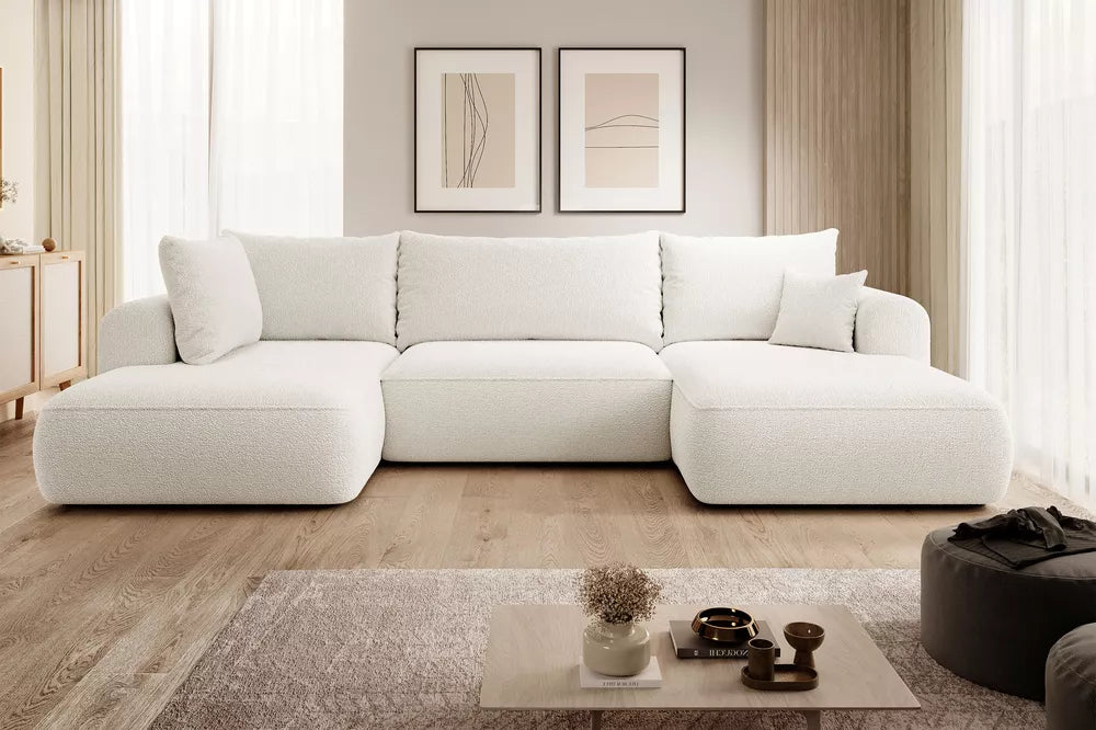 Kampinė sofa Ovo U formos su miegojimo funkcija ir talpykla, kreminis boucle, kairinė