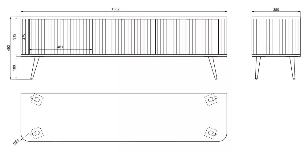 TV spintelė Ovarlo su grioveliais, trijų durų, 163 cm, juoda su juodomis kojelėmis