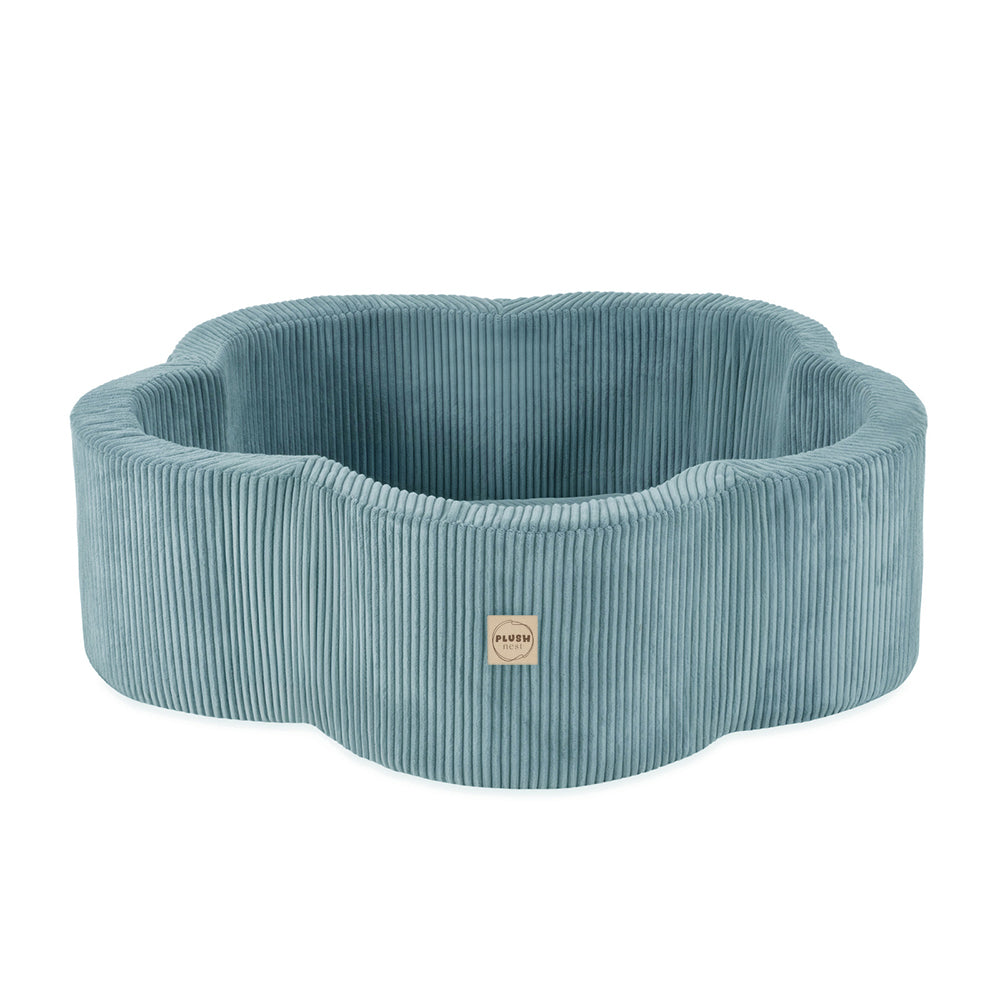 Kamuoliukų baseinas Plush Nest 95×30 cm, mėlyna, premium velvetas, su kilimėliu, 200 kamuoliukų