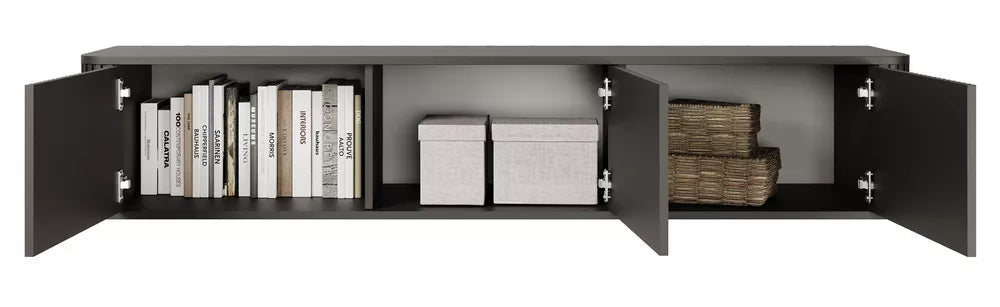 Pakabinama TV spintelė Ovarlo su grioveliais, trijų durų, 163 cm, juoda