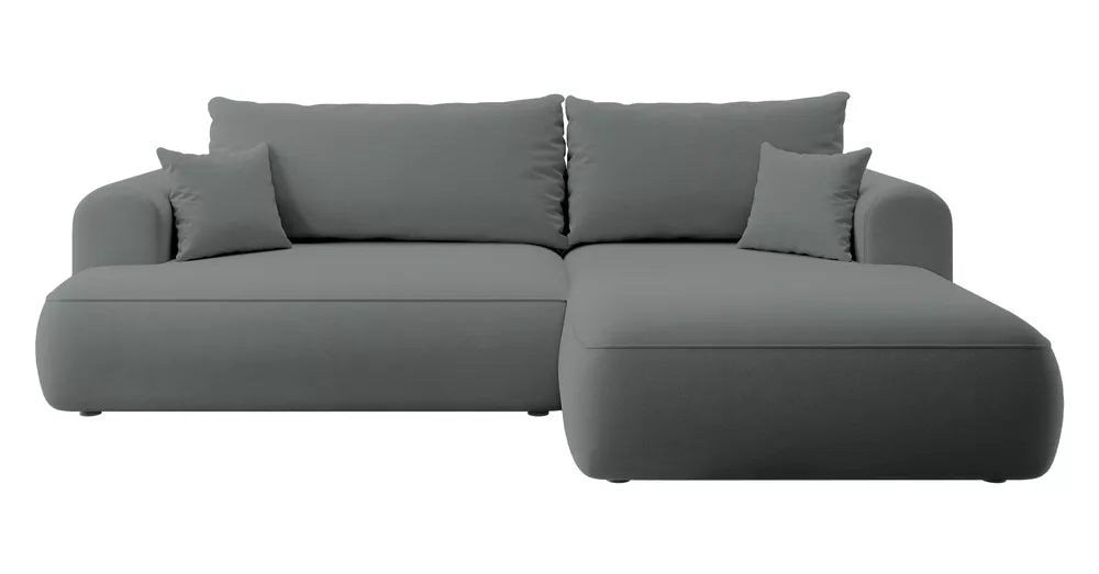 Kampas Ovo L formos tamsiai pilkas, velvetas, su patalynės dėže, lengvai valomas audinys, dešininis
