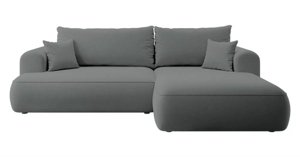 Kampas Ovo L formos tamsiai pilkas, velvetas, su patalynės dėže, lengvai valomas audinys, dešininis