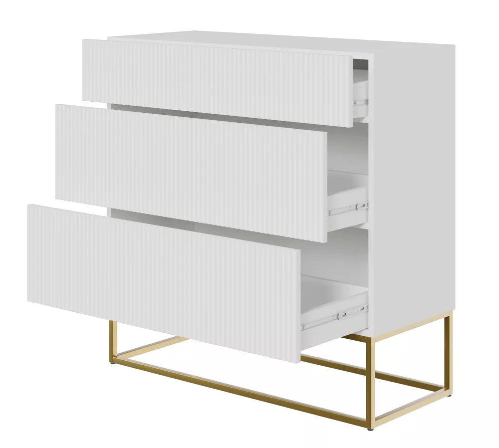 Komoda Veldio su frezuotu priekiu ir trimis stalčiais 90 cm Balta su auksinėmis kojomis