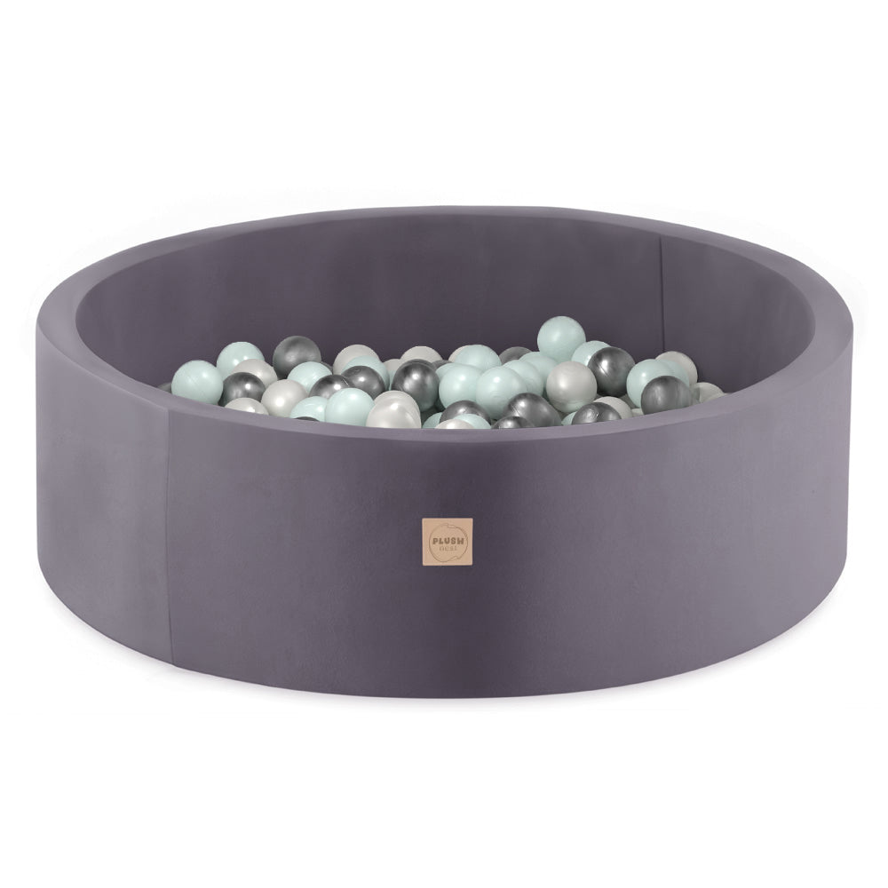 Kamuoliukų baseinas Plush Nest 90×30 cm, pilka, velvetas, 200 kamuoliukų