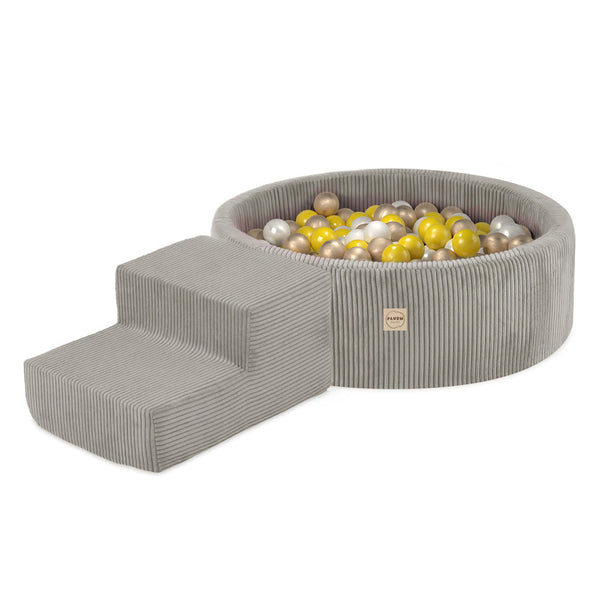 Kamuoliukų baseinas Plush Nest 90×30 cm, smėlio, premium velvetas, laiptelis, 200 kamuoliukų