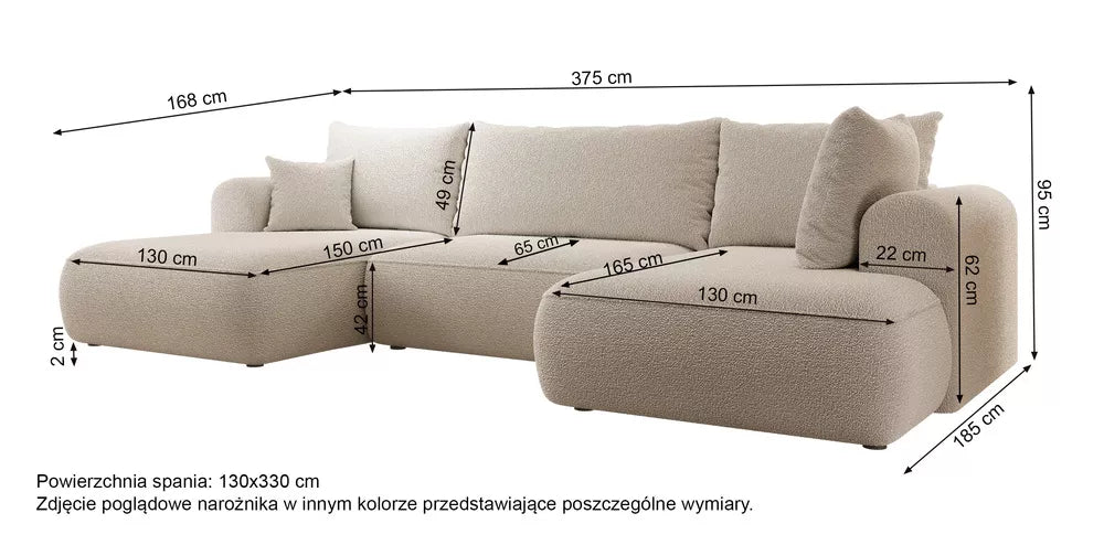 Kampas Ovo, U formos, su miegojimo funkcija ir talpykla, kreminis boucle, dešinysis