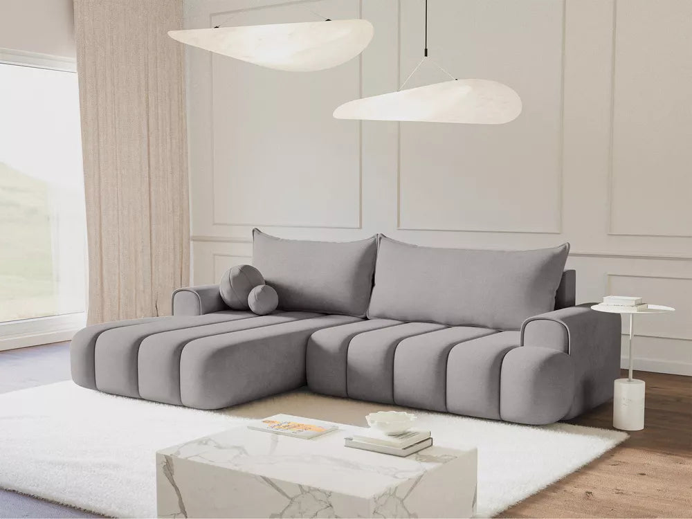 Kampinė sofa Dandelino su miegojimo funkcija, L formos, kairinė, su talpykla, pilko veliūro