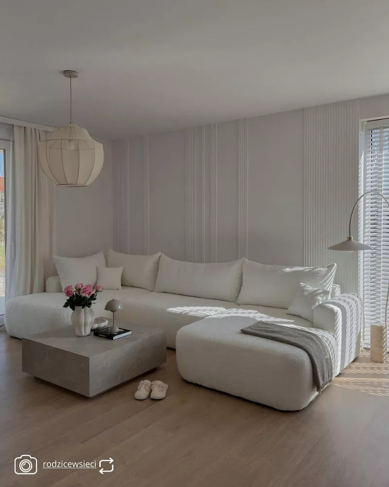 Kampinė sofa Ovo U formos su miegojimo funkcija ir talpykla, kreminis boucle, kairinė