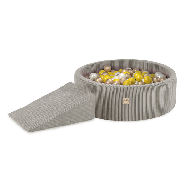 Kamuoliukų baseinas Plush Nest 90×30 cm, smėlio, premium velvetas, trikampis, 200 kamuoliukų